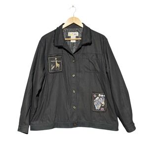 C.A. Sport Vintage Women's Black 100% Silk Animal Patch Safari Jacket Size Large